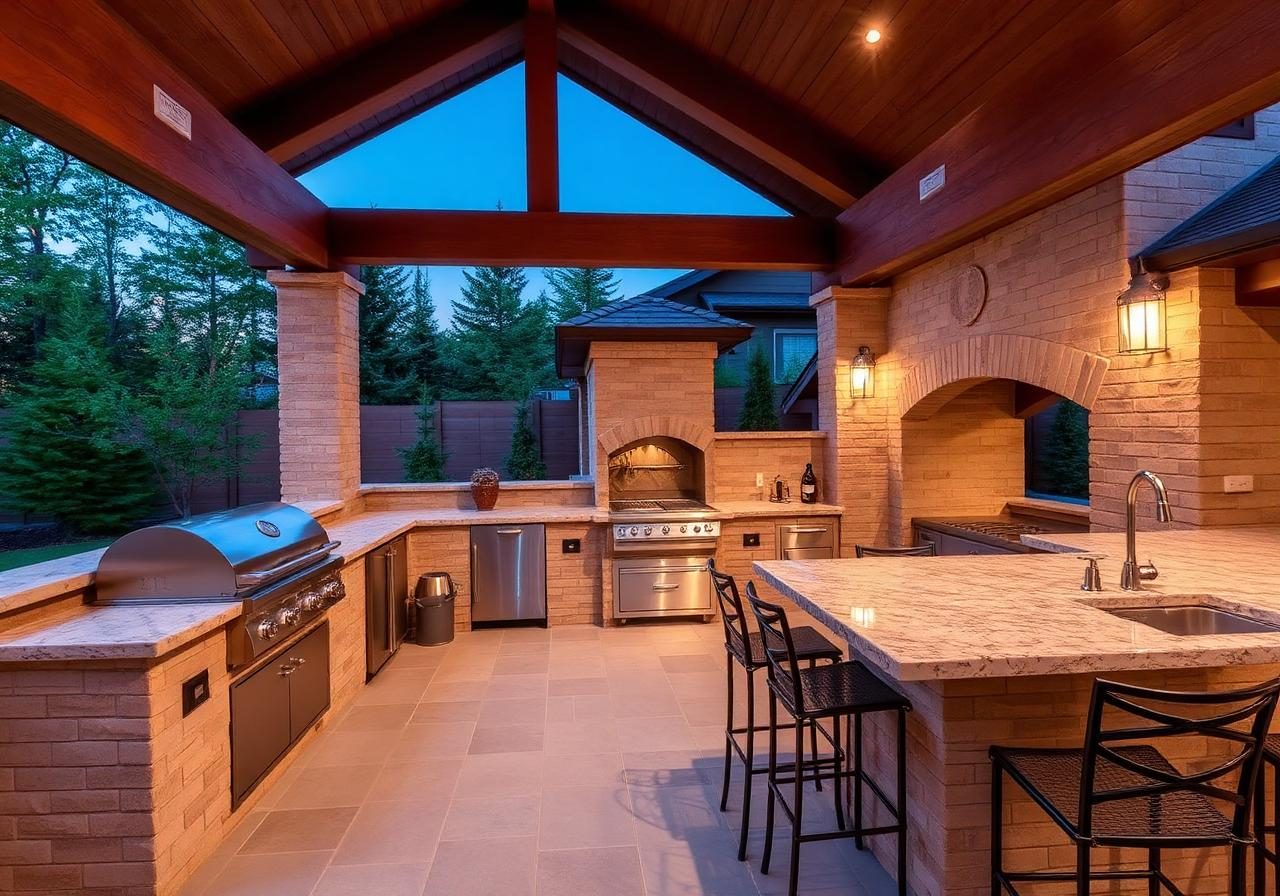 Luxury outdoor kitchen with timber ceiling and stone counters