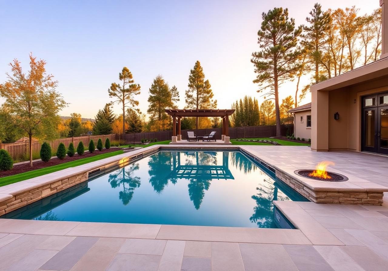 Custom rectangular pool with fire bowls at dusk